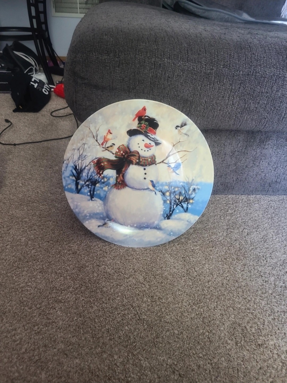 Festive Snowman Decorative Plate - Winter Bird Scene